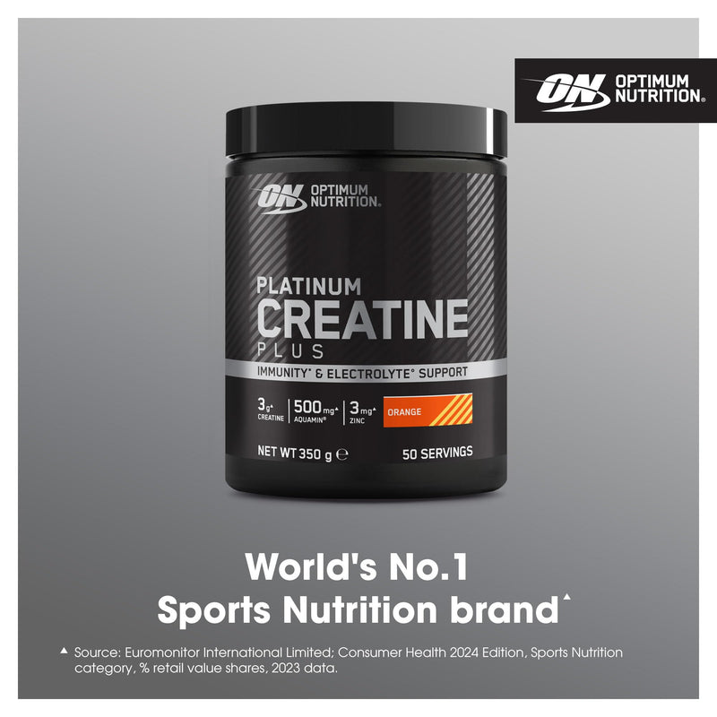 Optimum Nutrition Platinum Creatine Plus, Advanced Food Supplement to Increase Power and Performance, with Aquamin Magnesium for Electrolyte Balance, Orange Flavour, 50 Servings, 350 g