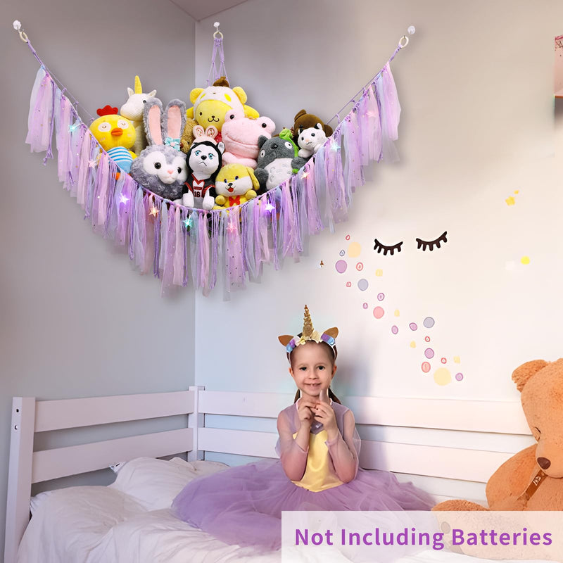 [Australia] - Stuffed Animals Net or Hammock with LED Light, 59 inch Toy Hammock Net for Stuffed Animals Corner Hanging Stuffed Animal Storage Stuffed Animal Holder for Nursery Kids Bedroom (Purple)… Purple 