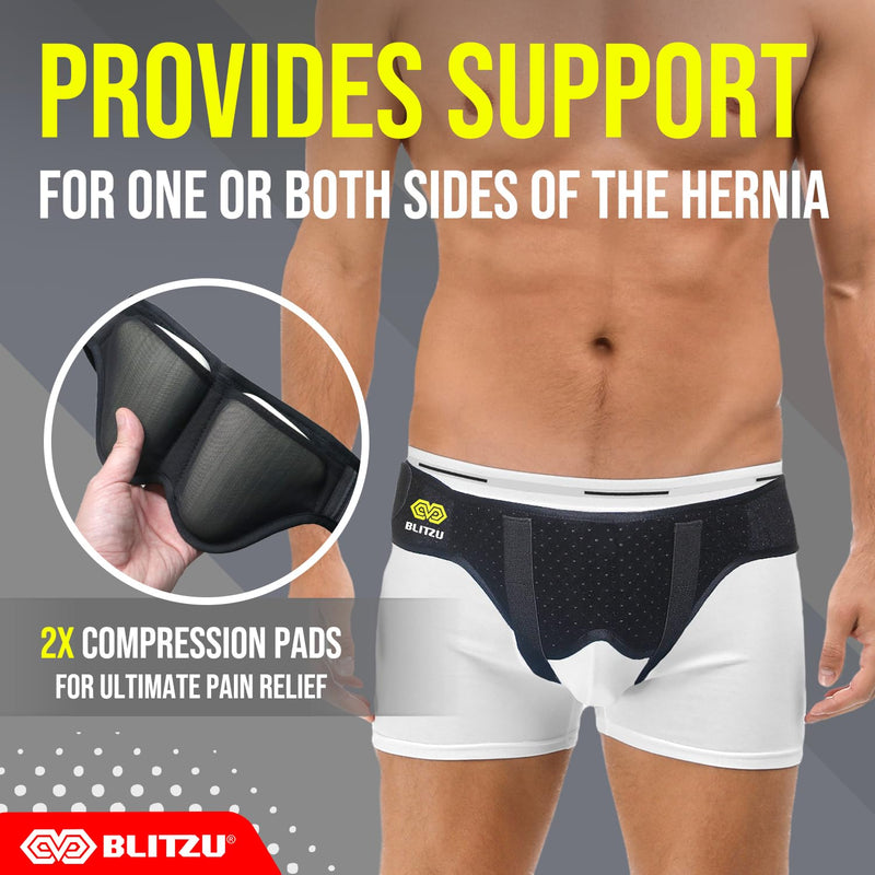 [Australia] - BLITZU Single Double Bilateral Inguinal Hernia Belt Truss for Sports, Incisional, Femoral, Umbilical Support Brace for Men Women. Pain Relief Surgery Recovery with 2 Removable Compression Pads S-M Small/Medium 