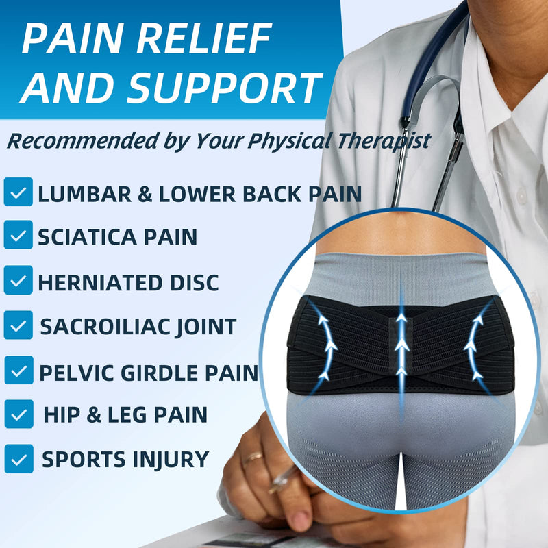 SI Belt - Sacroiliac Belt for Women and Men, SI Joint Pain Relief, Pelvis Support, Sciatic Nerve Brace, Lower Back Lumbar Hip Brace for Sciatic Pain Relief, Adjustable Pregnancy Support Band Black One Size