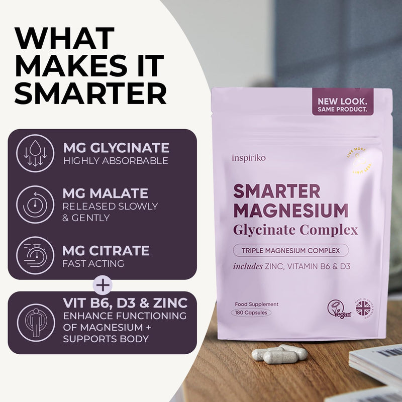 Inspiriko 3-in-1 Magnesium Supplements for Women - Triple Magnesium Complex (Glycinate, Citrate, Malate) with Zinc, B6 & D3-1600mg per Serving, 180 Capsules (3 Months Supply) 180 count (Pack of 1)