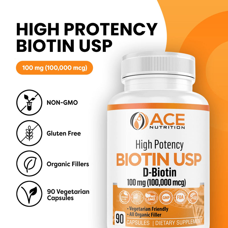 High Potency Biotin USP (D-Biotin 100,000mcg) - Superior Biotin, Organic Rice Flour, Vegetarian Capsules For Hair, Skin, & Myelin Health, Made in the USA (100mg/90 Capsules) 1