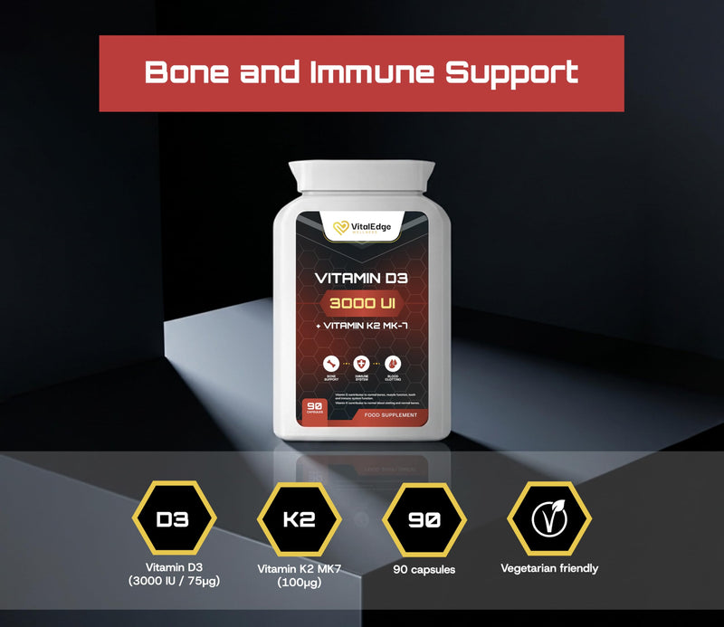 Vitamin D3 3000 IU + K2 MK-7 Capsules, 90 Capsules, Bone & Immune Support Supplement