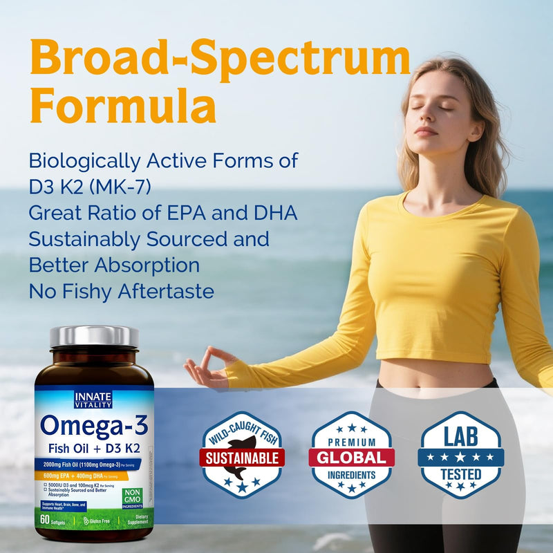 Innate Vitality Omega 3 Fish Oil Supplement, 2000mg Fish Oil Per Serving | EPA 600mg + DHA 400mg with Vitamins D3 K2, Supports Brain & Heart Health, Sustainable & Wild-Caught, 60 Softgels Unflavored 60 Count (Pack of 1)