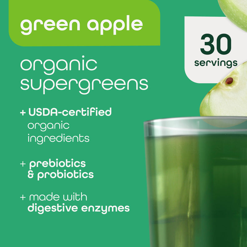 [Australia] - Zena Nutrition Organic Super Greens Powder, 70+ Superfoods, 0 Sugar, 3G Fiber, Spirulina, Chlorella, Antioxidants, Prebiotics/Probiotics, Digestive Enzymes, Green Apple, 30 Servings 