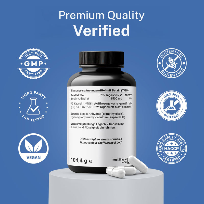 Evolve Now TMG Betaine – Trimethylglycine – 120 Vegan Capsules – 750 mg per Capsule – High-dose – Lab-Tested & No additives