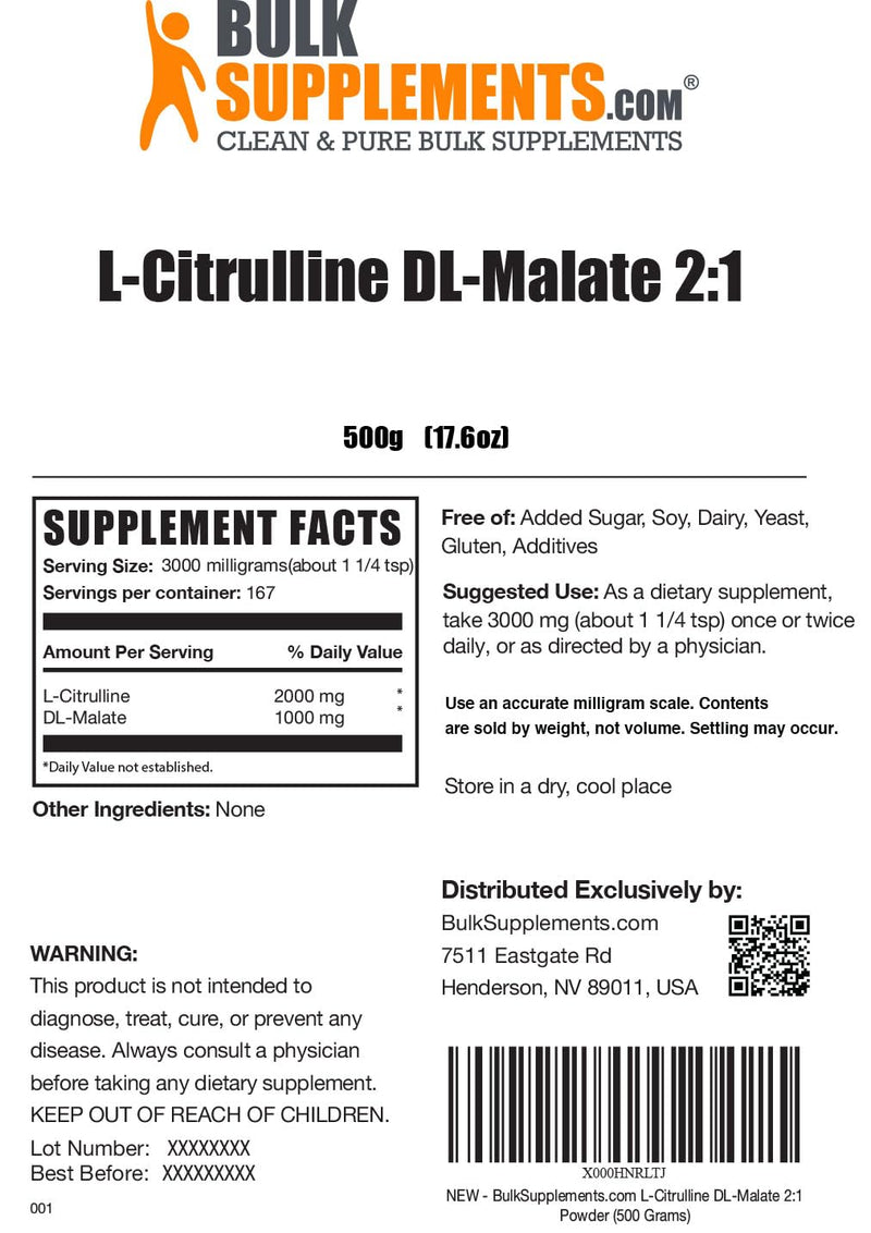 BulkSupplements.com L-Citrulline Malate 2:1 Powder - L Citrulline Malate Supplement, Citrulline Malate Powder - Unflavored & Gluten Free - 3g per Servings, 500g (1.1 lbs) (Pack of 1) 167 Servings (Pack of 1)