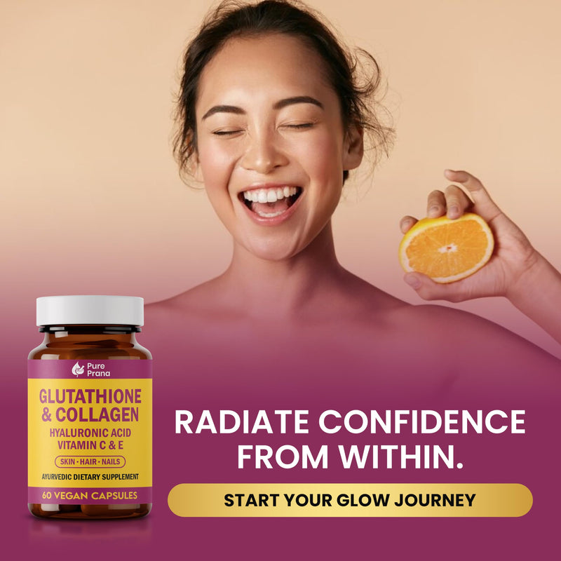 Pure Prana Vegan Collagen Builder & Glutathione for Women, Skin Hair Nails | Plant based glow support with hyaluronic acid, vitamin C & E, turmeric & black pepper. 60 once daily vegan capsules