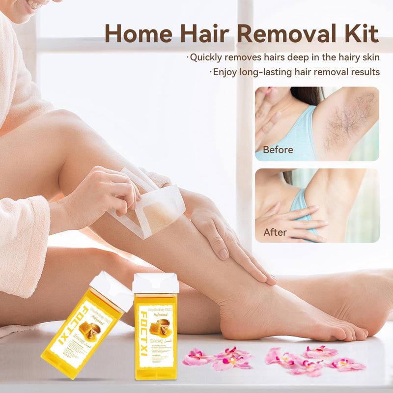 [Australia] - Hair Removal Kit for Hair Removal for Women and Men with Strip, Roll On Wax Kit with 2 Honey Soft Wax Cartridge & 100 Non-Woven Wax Strips, at Home Waxing Kit for Women, Soft, Yellow 
