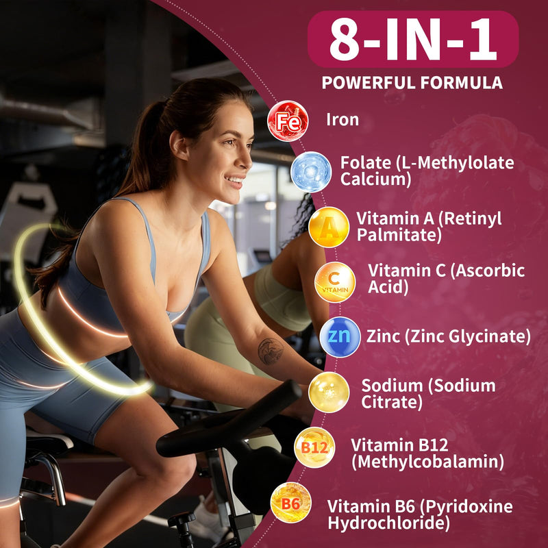 Iron Gummies for Women & Men, Vegan Iron Supplement Gummies with Vitamin C, A, B-Complex, Folate, Zinc- for Immune Health & Energy Support, Raspberry Flavor, 120 Count 120 Count (Pack of 1)