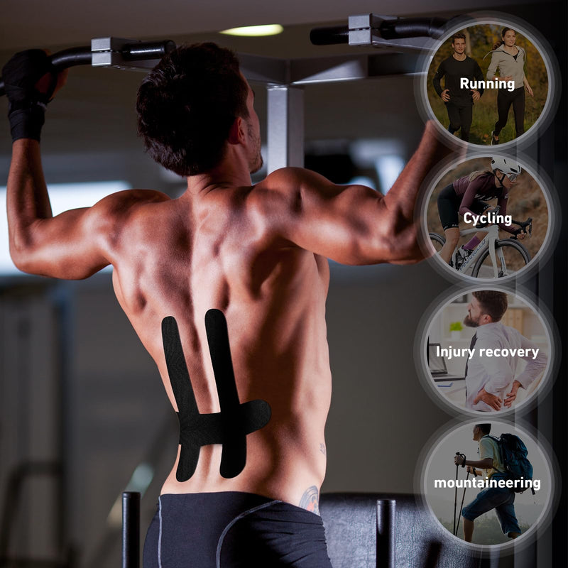 PreCut Kinesiology Tape for Lower Back, 12PCS Kinesiology Tape Precut for Lower Back, KTQUICK Original Cotton Waterproof&Breathable Latex-Free, Enhance Elastic Athletic Tape for Support Muscle(Black) Black