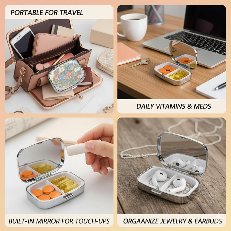 Square Pill Case Small Pill Box with Mirror Pocket 2 Compartment Vitamin Pill Medicine Case Organizer Pill Containers for Traveling Blooming Flower Two