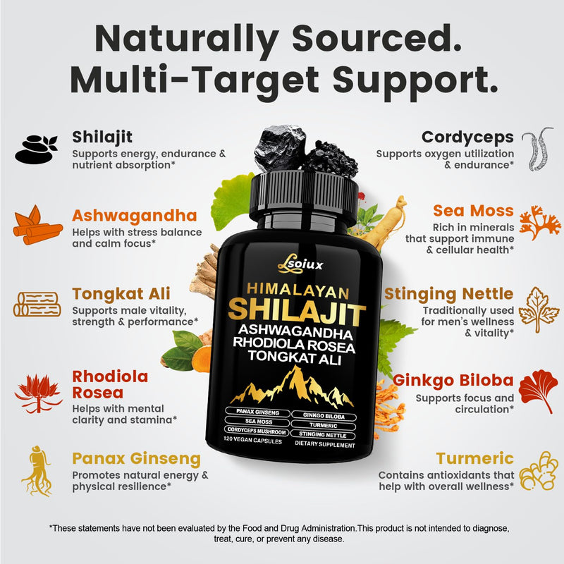 [Australia] - Shilajit for Men & Women - 10-in-1 Pure Himalayan Shilajit Capsules with Organic Ashwagandha | Rhodiola Rosea | Tongkat Ali Supplements for Lmmune Support, Energy & Endurance, Stress Less - 120 120 Count (Pack of 1) 