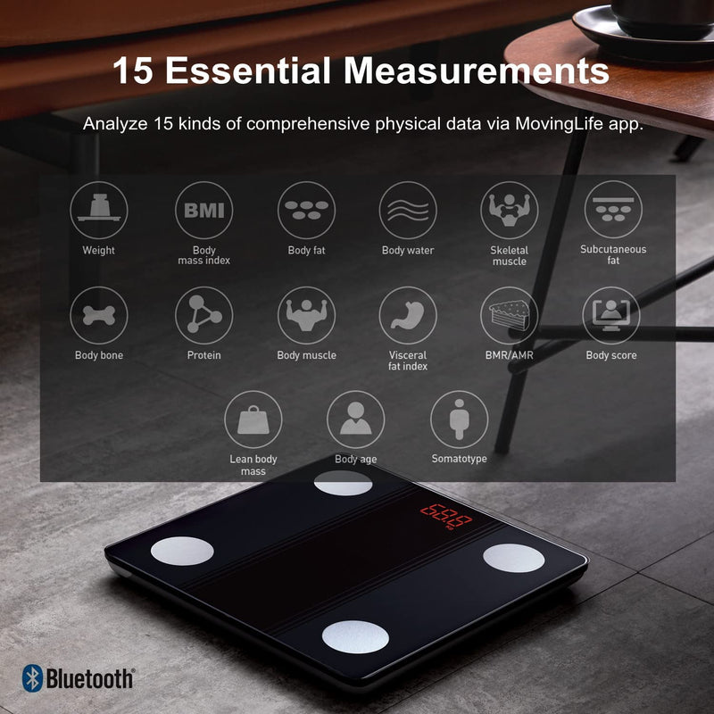 [Australia] - SENSSUN body fat scales, digital personal scales, people scales with APP, smart scales, Bluetooth body analysis scales with body composition function, 150 kg/330 lb, 26 x 26 cm, LED display (black). 