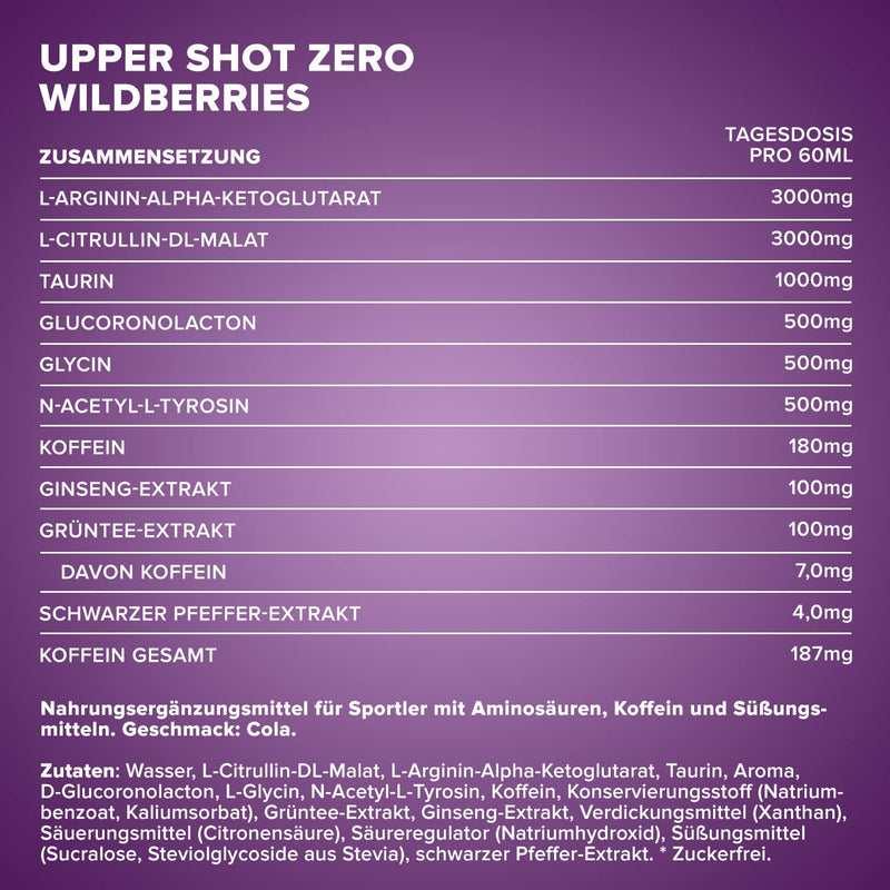 [Australia] - IronMaxx Upper Shot Zero - Wildberries 12x60ml | Pre-workout shot with, among other things, L-arginine, L-citrulline malate, taurine and caffeine | Sugar-free and in many flavors 60 ml (pack of 1) 
