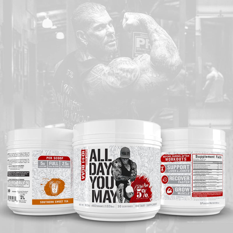 [Australia] - 5% Nutrition Rich Piana AllDayYouMay BCAA Powder | Premium Intra & Post Workout Amino Acids, Hydration, Endurance, Muscle Recovery, Joint & Liver Support | 16.3 oz, 30 Servings (Southern Sweet Tea) Southern Sweet Tea 