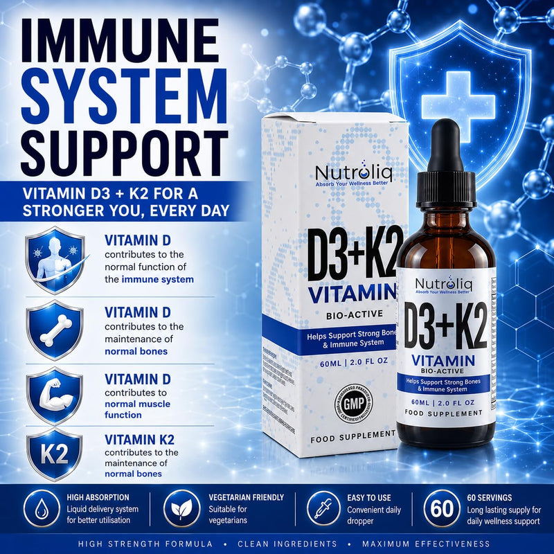 Nutroliq Vitamin D3 + K2 Liquid Drops - 4000IU Vit D3, 100mcg Vit K as MK7, MCT, Extra Virgin Olive Oil - For Immune & Bone Health, Better Energy, Calcium Absorption - Natural Peppermint Flavour, 60ml