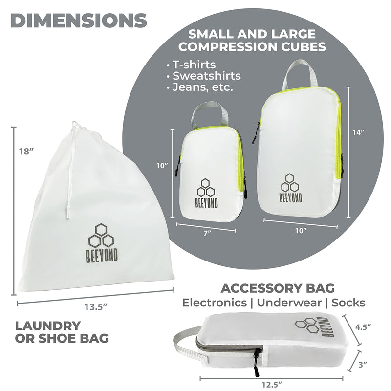 Beeyond Compression Packing Cubes Set - 6 Pieces for Travel and Luggage Organization, Includes Large & Small Cubes, Accessories Bag, and Laundry Bag White & green (6 Pieces)