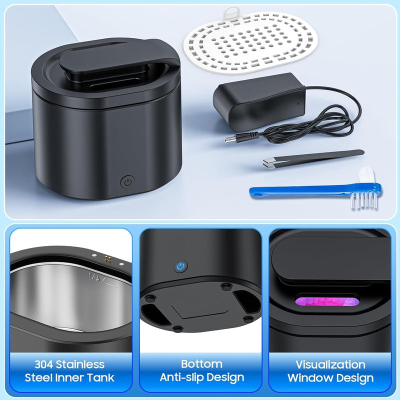 [Australia] - Ultrasonic Retainer Cleaner Machine for Denture: 45000Hz Portable Sonic Dental Cleaning Pod for Mouth Guard 45kHz Black 