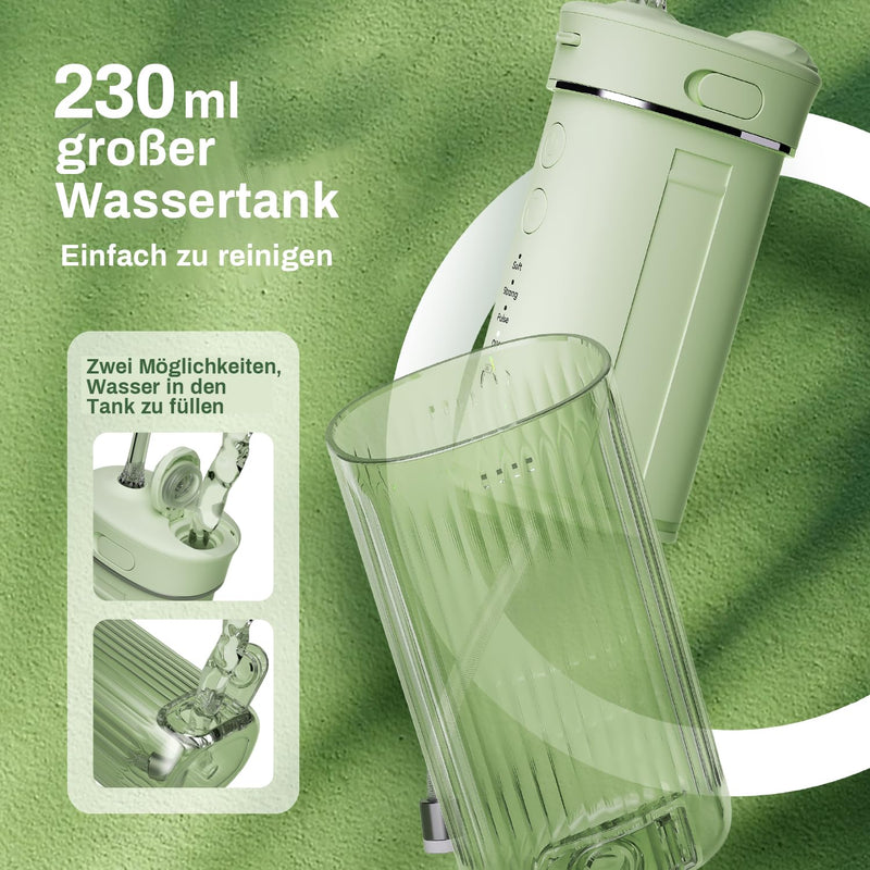 [Australia] - JTF Oral Irrigator Mini, Portable Electric Teeth Cleaning Wireless, Travel Interdental Cleaner with 5 Replacement Nozzles, 4 Modes Water Flosser, 230ML Retractable Water Tank, IPX7 Waterproof (Green) Green 