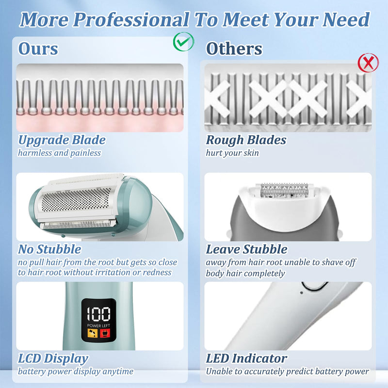 [Australia] - Electric Razors for Women, Bikini Trimmer Wet & Dry Use, Painless Pubic Hair Trimmer, Rechargeable Electric Shaver for Legs, Face, Pubic Hair, Underarms with Detachable Head, Blue 
