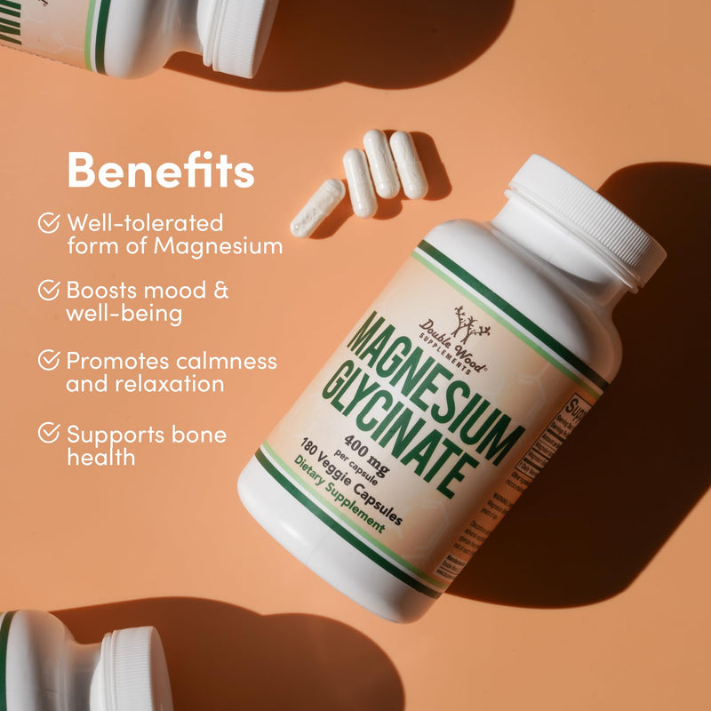 [Australia] - Magnesium Glycinate 400mg, 180 Capsules (Vegan Safe, Third Party Tested, Gluten Free, Non-GMO) High Absorption Magnesium by Double Wood Supplements 