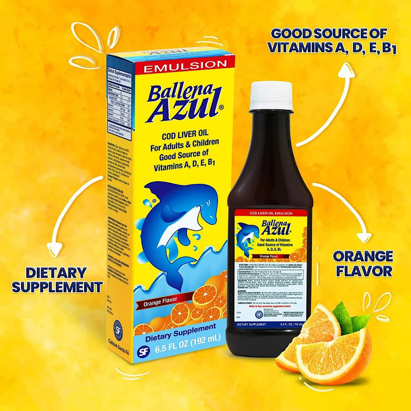 Ballena Azul Aceite de Hígado de Bacalao para Adultos y Niños, COD Liver Oil for Adults and Children, Good Source of Vitamins A,D,E, B1, Omega 3, Orange Flavor