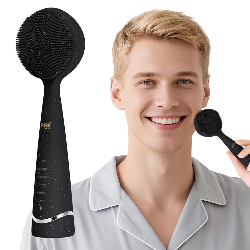 PRITECH Facial Cleansing Brush, Rechargeable Silicone Face Scrubber with Constant-Temperature Heating, Vibrating Exfoliator Scrubber for Deep Pore Cleaning, Waterproof Face Brush for Women & Men-Black Black