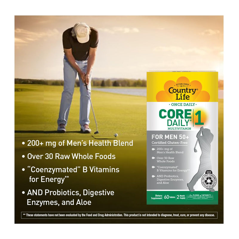 Country Life Core Daily-1 Multivitamin for Men 50+, 60 Tablets | Coenzymated B vitamins support energy metabolism with whole foods, probiotics and digestive enzymes