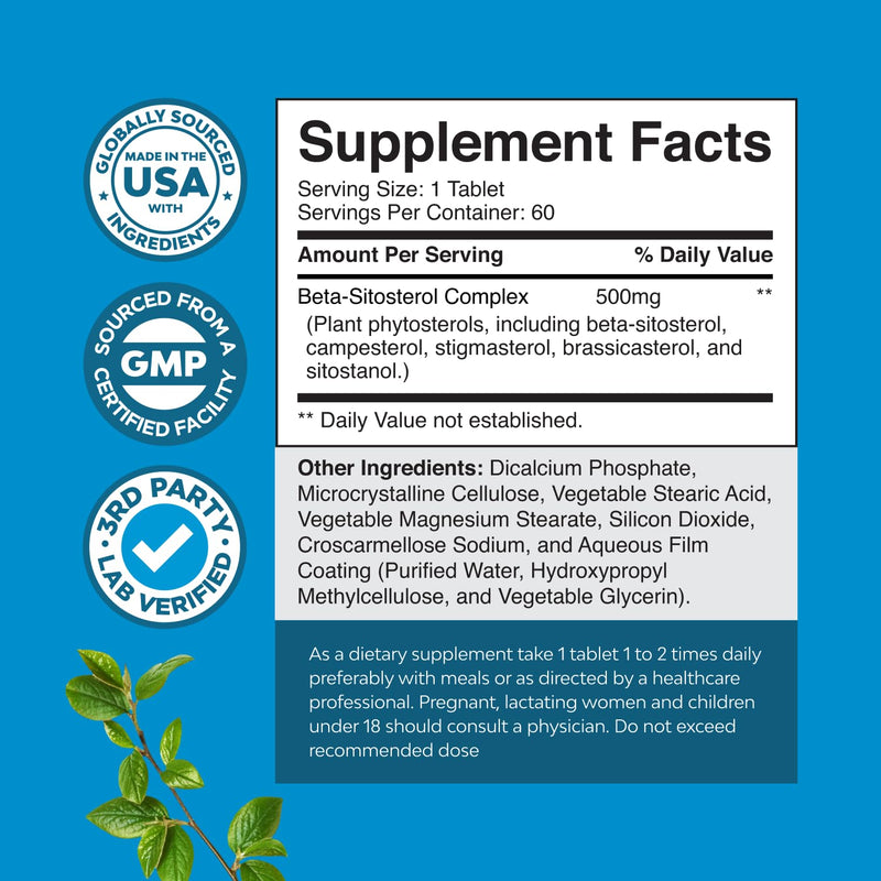 Plant Sterols & Stanols Beta Sitosterol for Men Prostate Supplements - 60ct | Prostate health supplements for men with Beta Sitosterol 500mg Plant Sterols & Stanols 60 Count (Pack of 1)