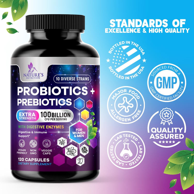 Probiotics 100 Billion CFU Per Serving - 10 Premium Strains + Prebiotics - Best Probiotic Supplement for Women & Men - Supports Immune, Digestive Health, Occasional Constipation & Gas - 120 Capsules 120 Count (Pack of 1)