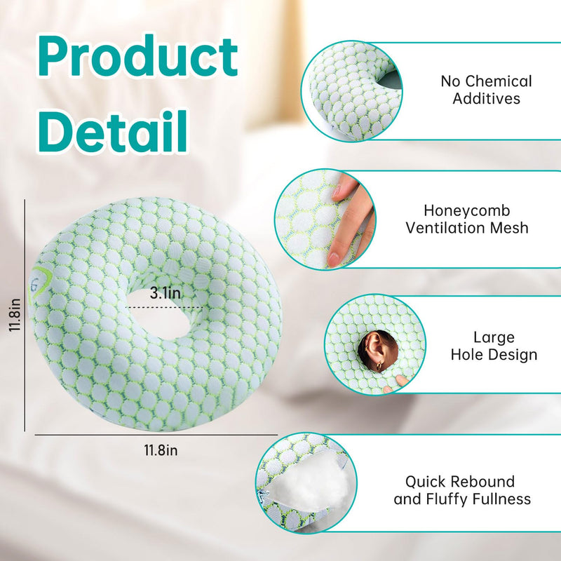 Ear Piercing Pillow for Side Sleepers - Donut Pillow with Holes for Ear Pain,Ear Side Sleeping Pillow for Adults CNH Ear Pain Relief Pressure Sores,Cotton O-Shaped Side Sleeping Green Pillow