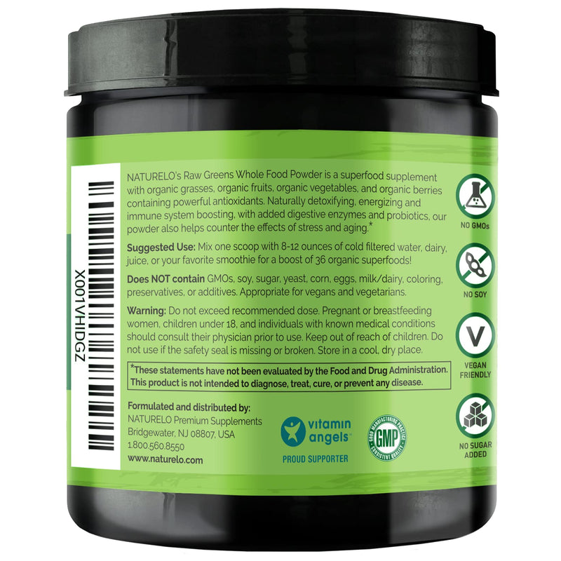 [Australia] - NATURELO Raw Greens Superfood Powder - Unsweetened - Boost Energy, Detox, Enhance Health - Organic Spirulina - Wheat Grass - Whole Food Nutrition from Fruits & Vegetables - 480 Grams 60 Servings (Pack of 1) 