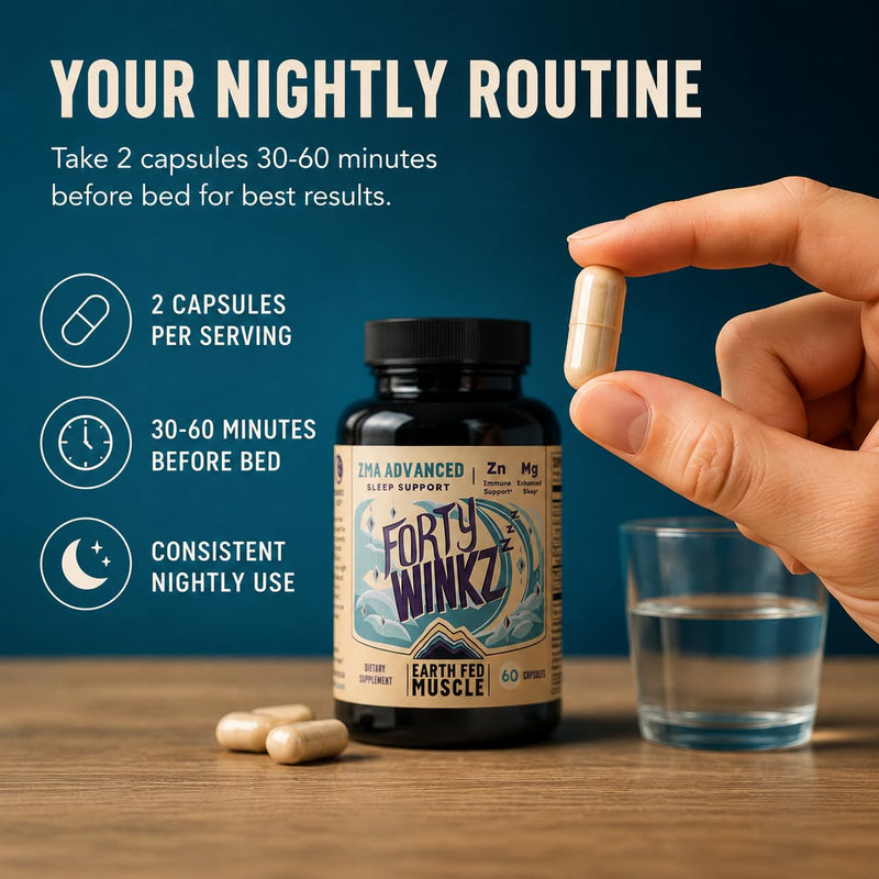 Earth Fed Muscle Forty Winkz ZMA Sleep Support for Men and Women | Zinc, Magnesium Citrate, Vitamin B6, Choline, Vitamins C and B5 | Non-Habit Forming Melatonin-Free Sleep Aid | 60 Capsules