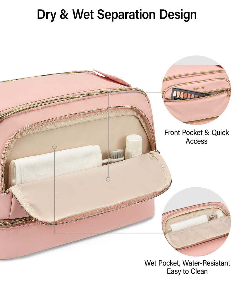 Hanke Travel Toiletry Bag, Lightweight Wide-open Makeup Bag, Dual-Layer Travel Bag for Toiletries Water-Resistant Cosmetic Bags Large Toiletry Bags for Women & Men, Travel Essentials, Pink