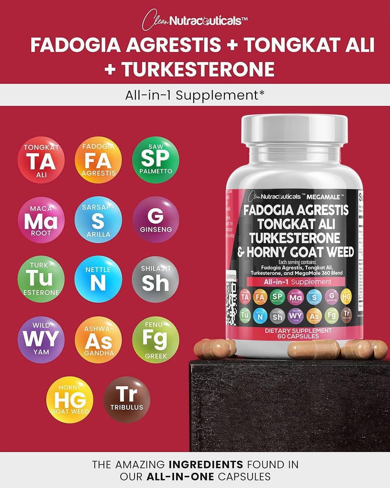 [Australia] - Fadogia Agrestis 5000mg Tongkat Ali 25000mg Turkesterone 5000mg Supplement with Horny Goat Weed, Saw Palmetto, Maca Root, Siberian Ginseng, Tribulus Terrestris, Fenugreek, Wild Yam - 60 Count 