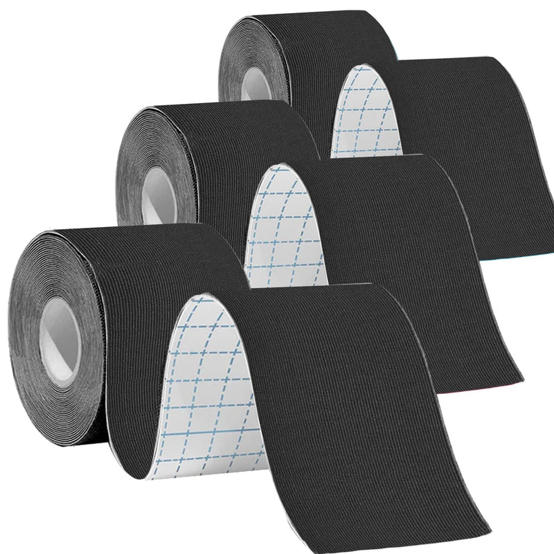 Pro Synthetic Kinesiology Tape Waterproof Athletic Tape [3 Rolls] 2inch x Long Roll 16ft Free Cut Tape for Ankle Wrists Knees Elastic Swimming Sports Activities Tapes（Black) Black