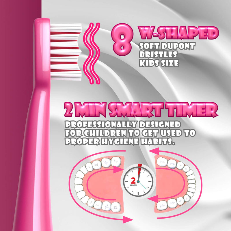 [Australia] - Supersonic Kids Electric Toothbrush 8 Dupont Brush Heads, USB Rechargeable, Vibration Speed Control Plus Massage Mode, 2 Min Timer, Waterproof, for Age 3+ Pink 