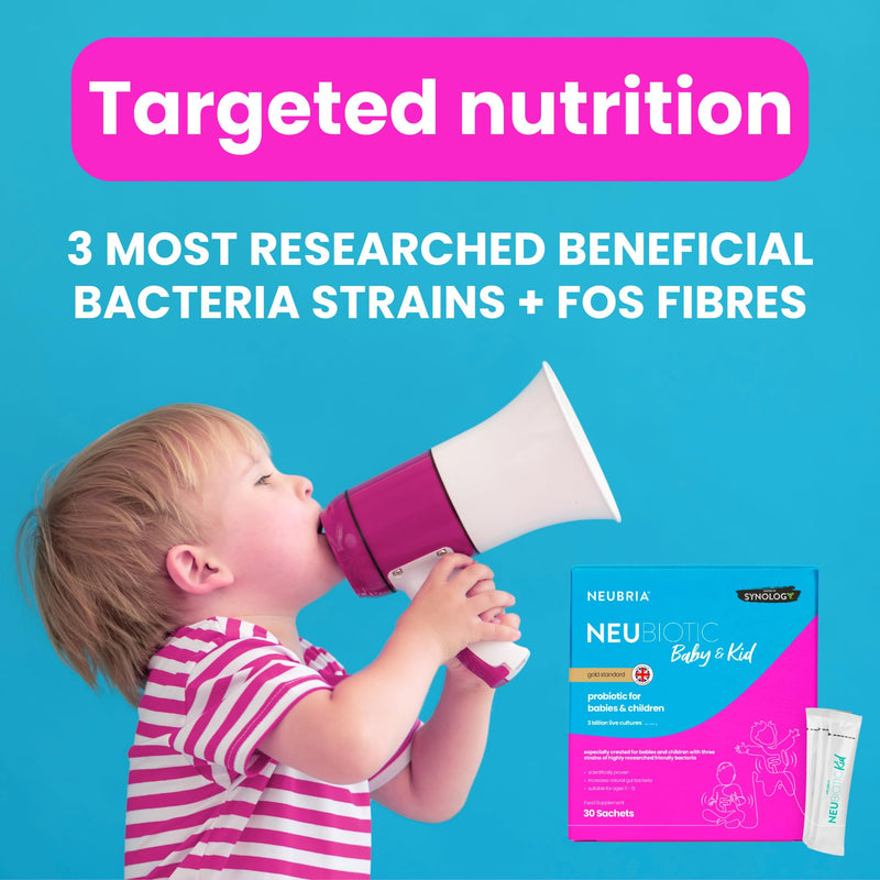 NEUBRIA NEUBIOTIC Baby & Kid Probiotic + Prebiotic Sachets – Lactobacillus & Bifidobacterium with FOS Fibres, Supports Digestive Balance & Gut Microbiome - UK Made - 30 Sachets