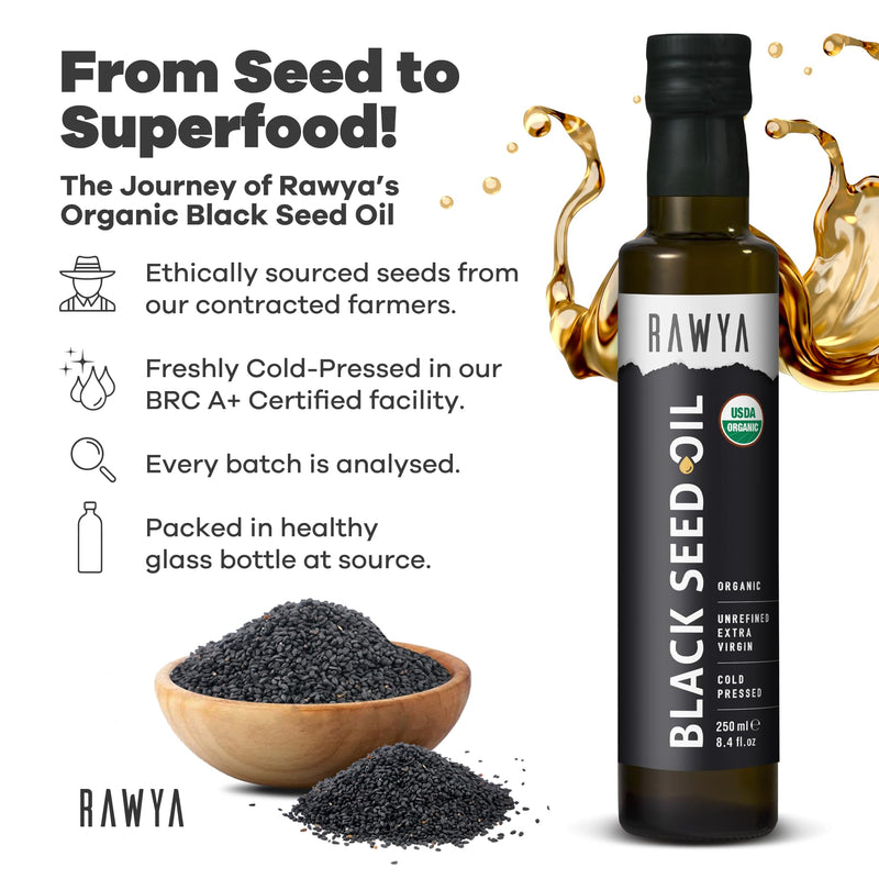 [Australia] - Black Seed Oil, Organic, 8.4 Fl Oz, RAWYA, Extra Strong Taste, High TQ, Cold Pressed, Glass Bottle, Nigella Sativa Oil, Non-GMO, Black Cumin Seed Oil, also known as Kalonji Oil, Nigella Oil 