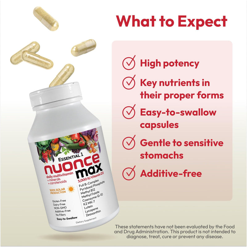 ANDREW LESSMAN Essential-1 nuonce max Multivitamin 3000 IU Vitamin D3 180 Small Capsules. 100 mcg Methyl B12. CoQ10 Lutein Lycopene Zeaxanthin. High Potency. No Additives. Ultra-Mild One Daily Capsule | Complete Daily Multivitamin & Mineral Formula wit...