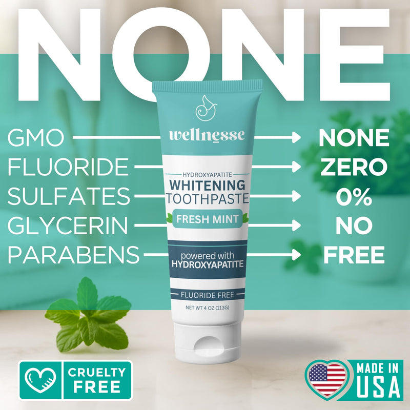 [Australia] - Wellnesse Whitening Hydroxyapatite Toothpaste with Xylitol, Natural Fluoride-Free Teeth Whitening Toothpaste for Adults, Strengthens Enamel, Supports Gum Health, Fresh Mint Flavor, 4 oz (Pack of 1) 4 Ounce (Pack of 1) 