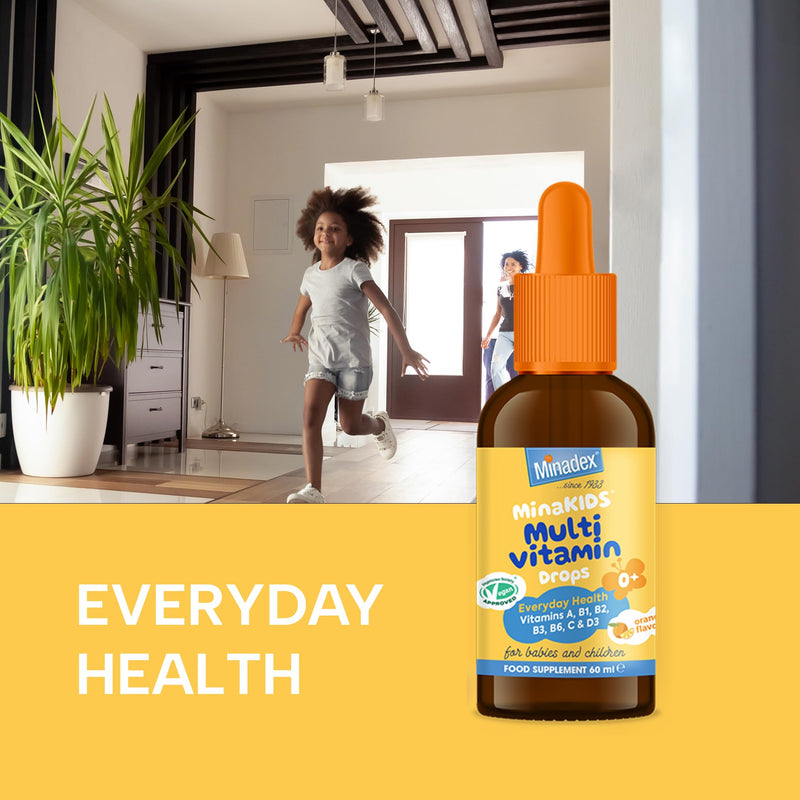 MinaKIDS Multivitamin Drops for Babies & Kids 60 ml – 7 Essential Vitamins to Support Brain Function, Growth, Immune Health for Kids 0-12 Years. Yummy Orange Flavour, Vegan, Dropper Included