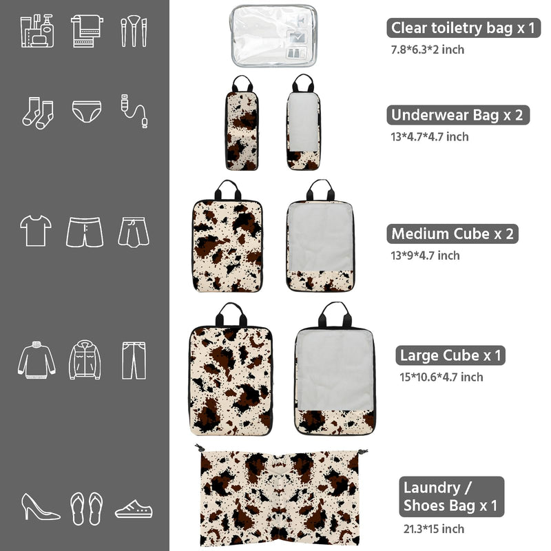 7 Pcs Compression Packing Cubes for Travel, Waterproof Suitcase Luggage Backpack Organizer with Toiletry Bag Travel Essentials for Women/Men-Cow Print Brown-Cow Print