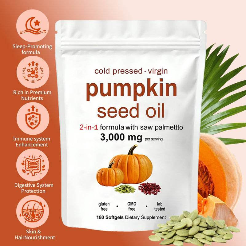 Pumpkin Seed Oil, Pumpkin Seed Oil Capsules | Cold Pressed - Good for Hair Health - Non-GMO | 180 pc / 1 Bag