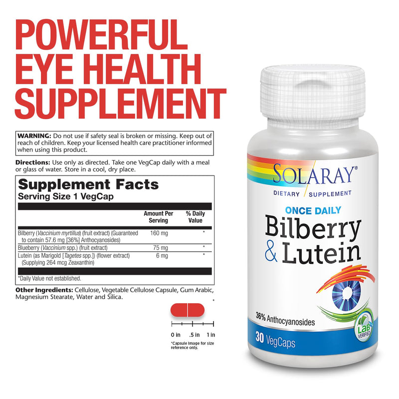 SOLARAY Bilberry & Lutein 160 mg, 30 VegCaps | Vision & Circulatory Health Support, Bilberry, Lutein & Zeaxanthin, 30 Servings, Lab Verified
