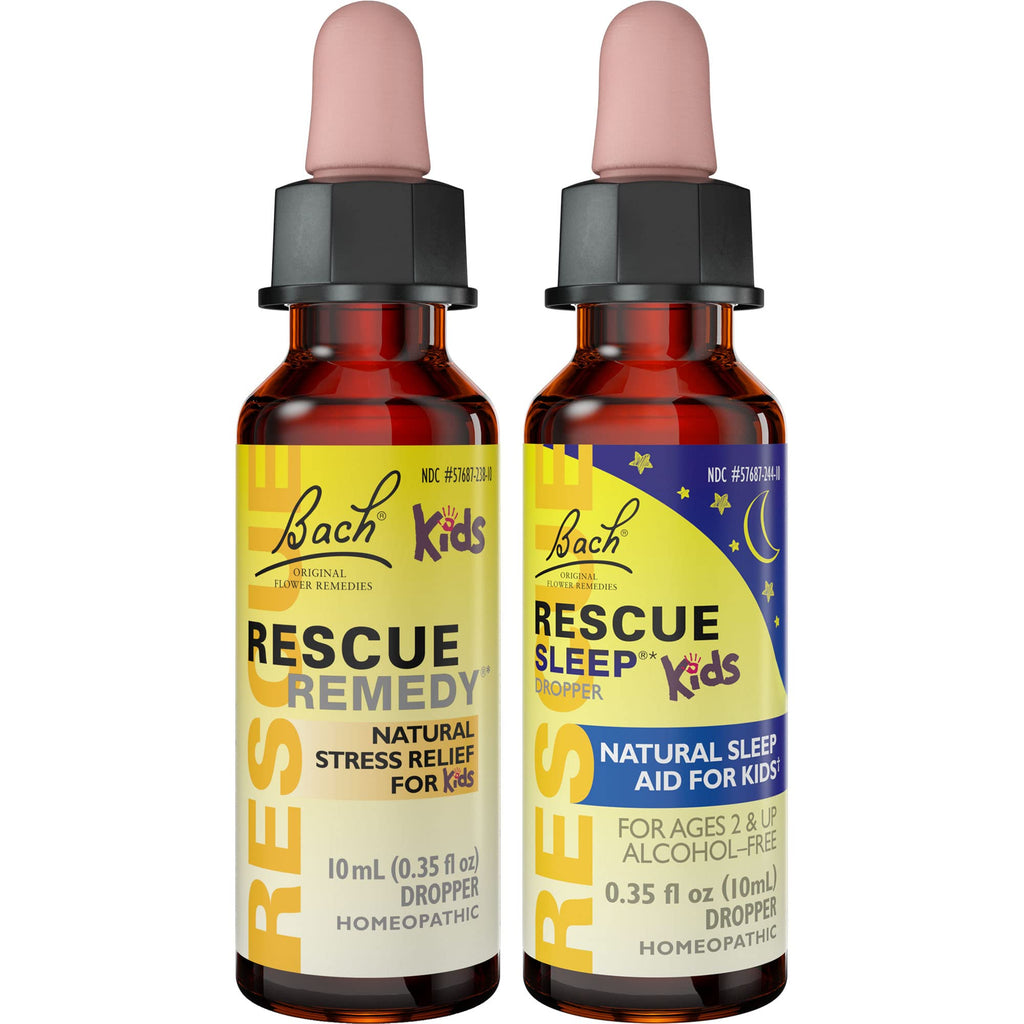 Kids Day & Night Bundle, Bach RESCUE Remedy Kids Dropper [and] RESCUE Sleep Kids Dropper- 2-Pk, Stress Relief & Sleep Support with Natural Flower Esssences, Homeopathic, Non-Alcohol Formula, 10mL Ea