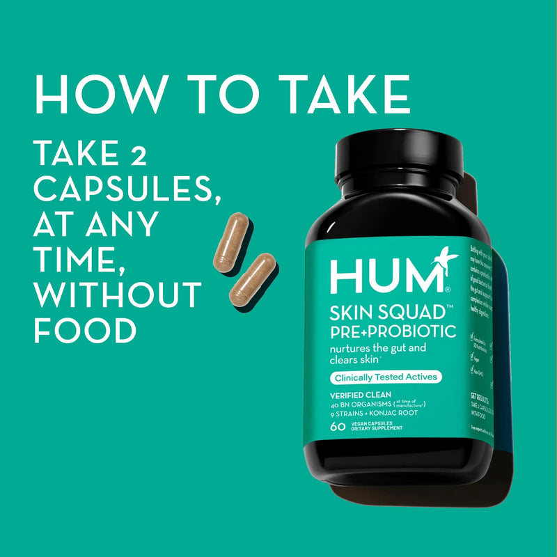 [Australia] - HUM Skin Squad - Probiotic Supplement for Clear Skin & Gut Health - Microbiome Probiotics for Problem Skin & Breakouts (60 Vegan Capsules, 30 Day Supply) 