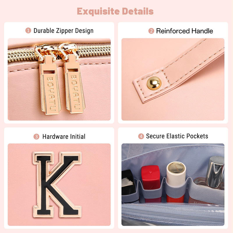 BOYATU Personalized Travel Makeup Bag: 3-in-1 Cosmetic Bag Gift for Women | Initial Make up Bag Organizer - Custom Letters A-Z - Flat Open Portable Toiletry Bag for Birthday Graduation Anniversary Pink K