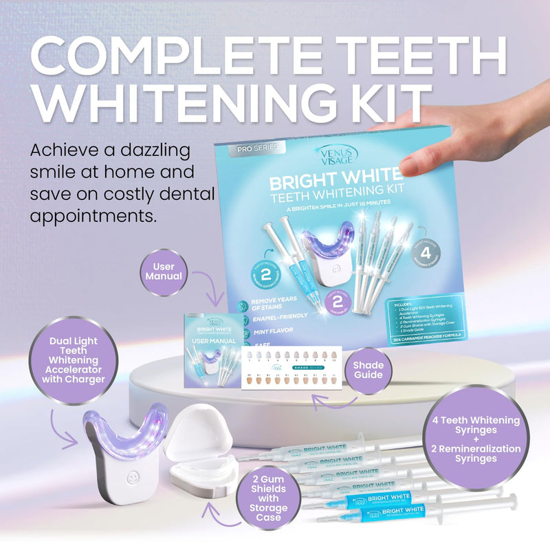 [Australia] - Venus Visage LED Teeth Whitening Kit with 4X 35% Carbamide Peroxide Teeth Whitening Gel Syringes, 2X Remineralization Gel Syringes, Whitener Trays, LED Whitener Device & Shade Guide Kit with Syringes 